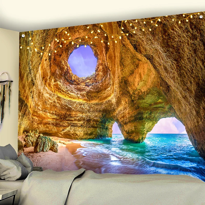 

Beautiful Cave Waterfall Beach Tapestry Hippie Landscape Background Wall Hanging Home Witchcraft Decoration Carpet Cushion