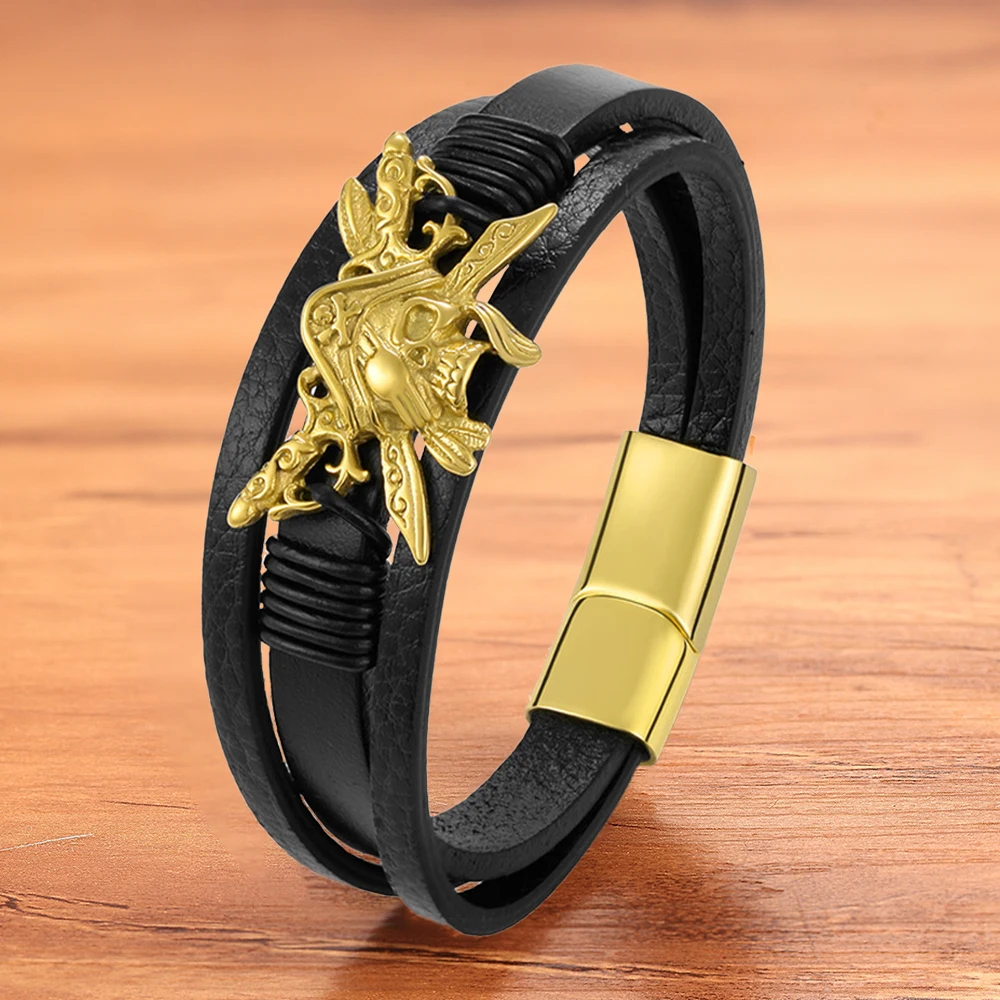TYO Fashion Luxury Genuine Leather Pirate Bracelet Men Black Magnet Stainless Steel Rope Braided Bangle Jewelry Birthday