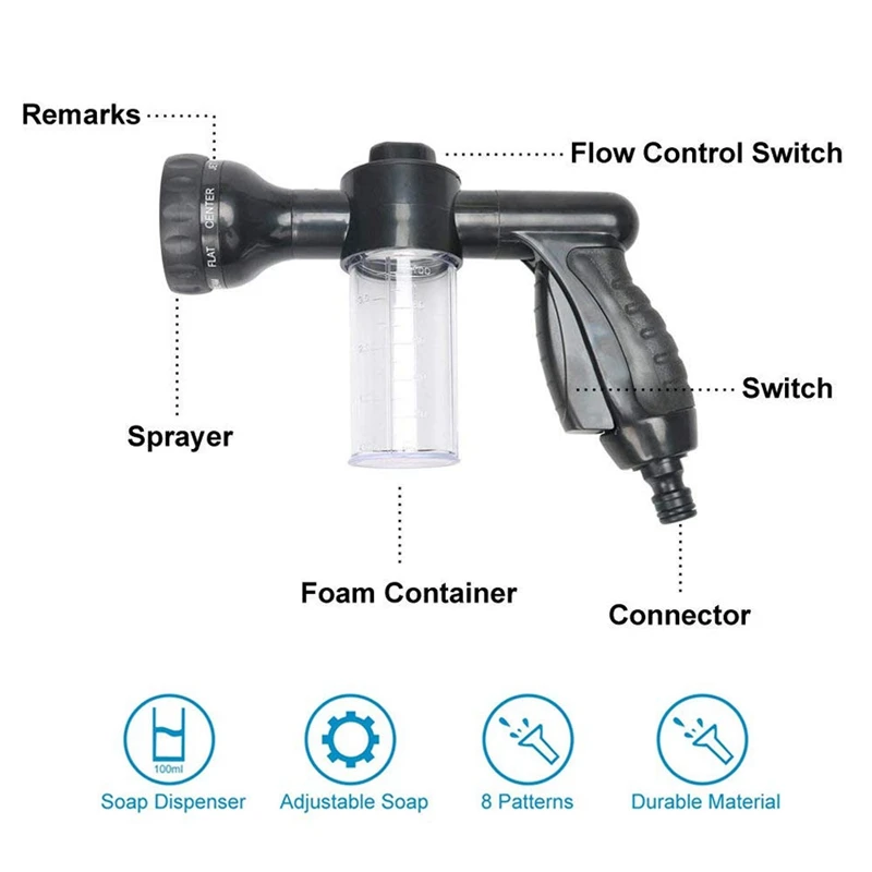 Garden Hose Foam Nozzle, 8 Mode Adjustable Foam Sprayer, Car Washer, Water Soap Dispenser, High Pressure Hose Spray Nozzle, Plan