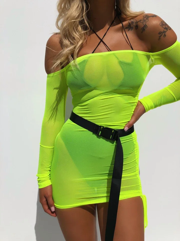 BKLD New Dress Arrivals 2026 Autumn Off The Shoulder Sexy Mini Dress Neon Mesh See-through Long Sleeve Bodycon Dress Women