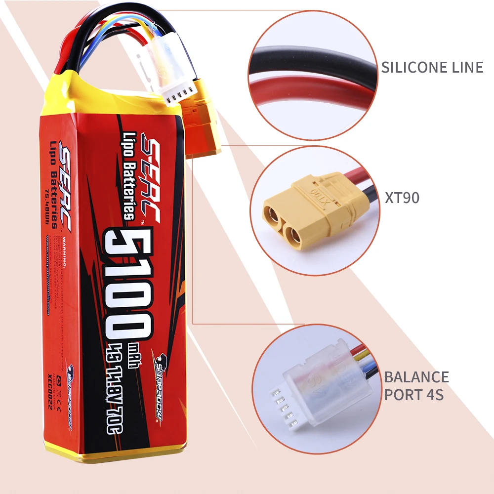 Sunpadow RC 3S 4S 6S Lipo Battery 5100mAh for 11.1V 14.8V 22.2V with XT60 XT90 Plug For Rcing Airplane Drone FPV Helicopter