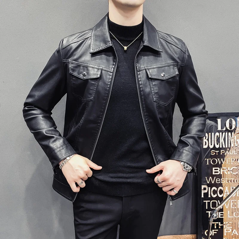 

Men's Brand Spring And Autumn trend Large Size Simplicity All-match Hansome Faux Leather Jacket Coat Fashion Motorcycle PU Casu