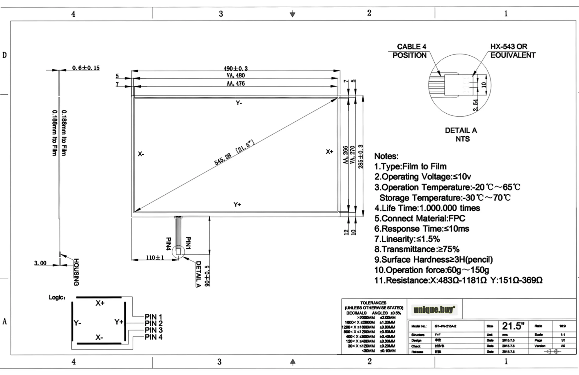 Panel z ekranem dotykowym 21.5 Cal rezystancyjny do panelu dotykowego 490mm * 285mm 490mm x 285mm 4 drut USB do monitora 21.5\