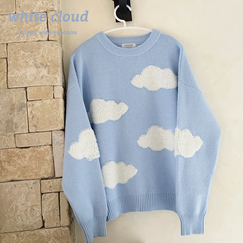 Kawaii Cloud Sky Blue Knitted Sweater Women Cute Soft Knitwear Girls Vintage Jumper Korean Fashion Ulzzang Long Sleeve Pullovers