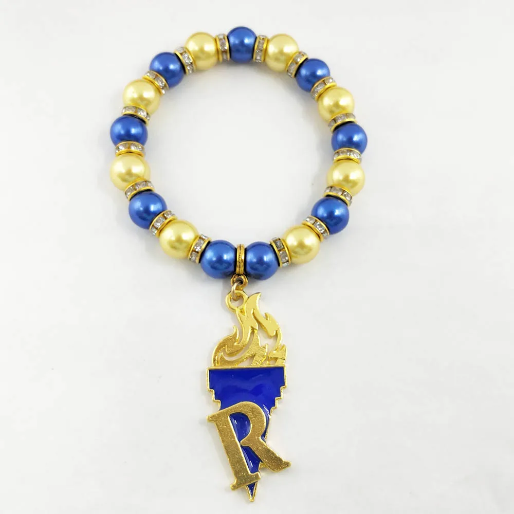 Hand Made Greek Sorority Elastic Yellow Blue Pearl Greek Letter Sigma Gamma Rho Torch R Pendant Bracelet Bangles