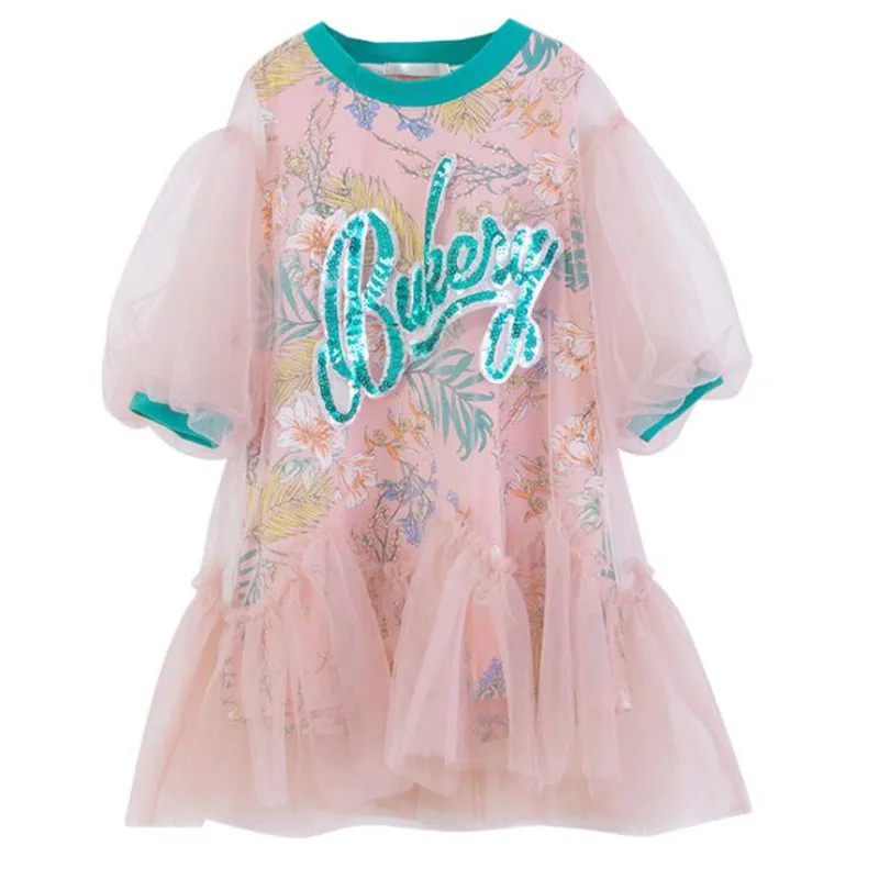 

3-16 Years of Teens Kids Dresses for Girls Letter Floral Print Meah Dress Puff Sleeve Baby Children Summer Clothes