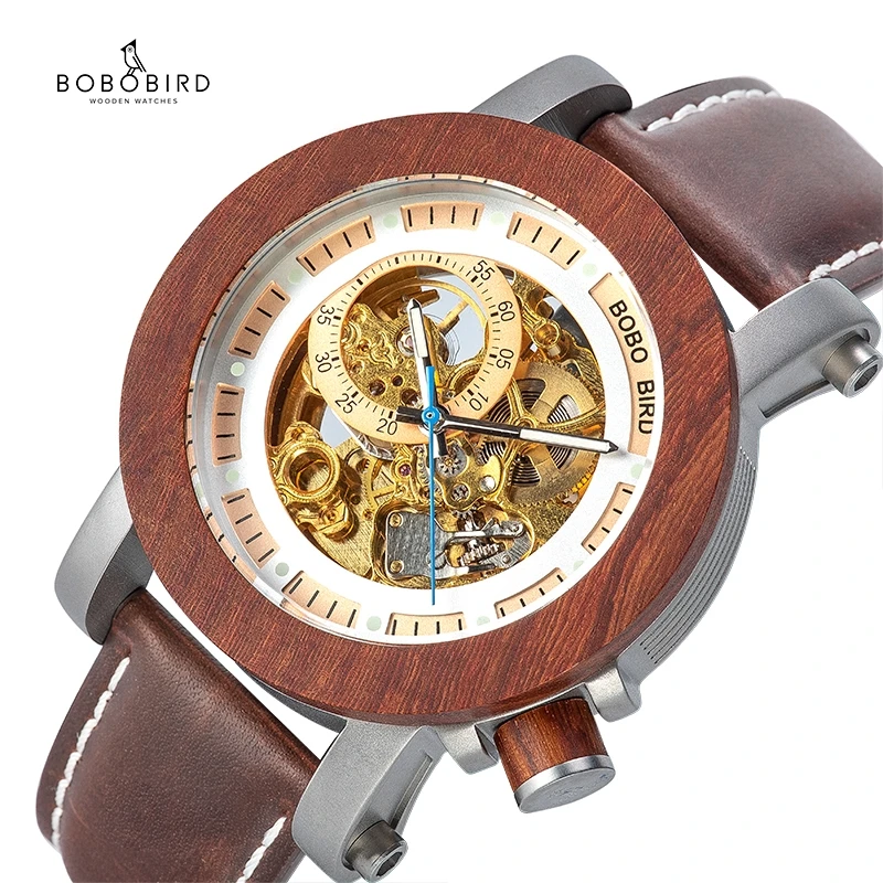 BOBO BIRD Wood Mechanical Wristwatch Men Automatic Watch Men\'s reloj hombre montre homme rouge Leather Strap Chirstmas Gift