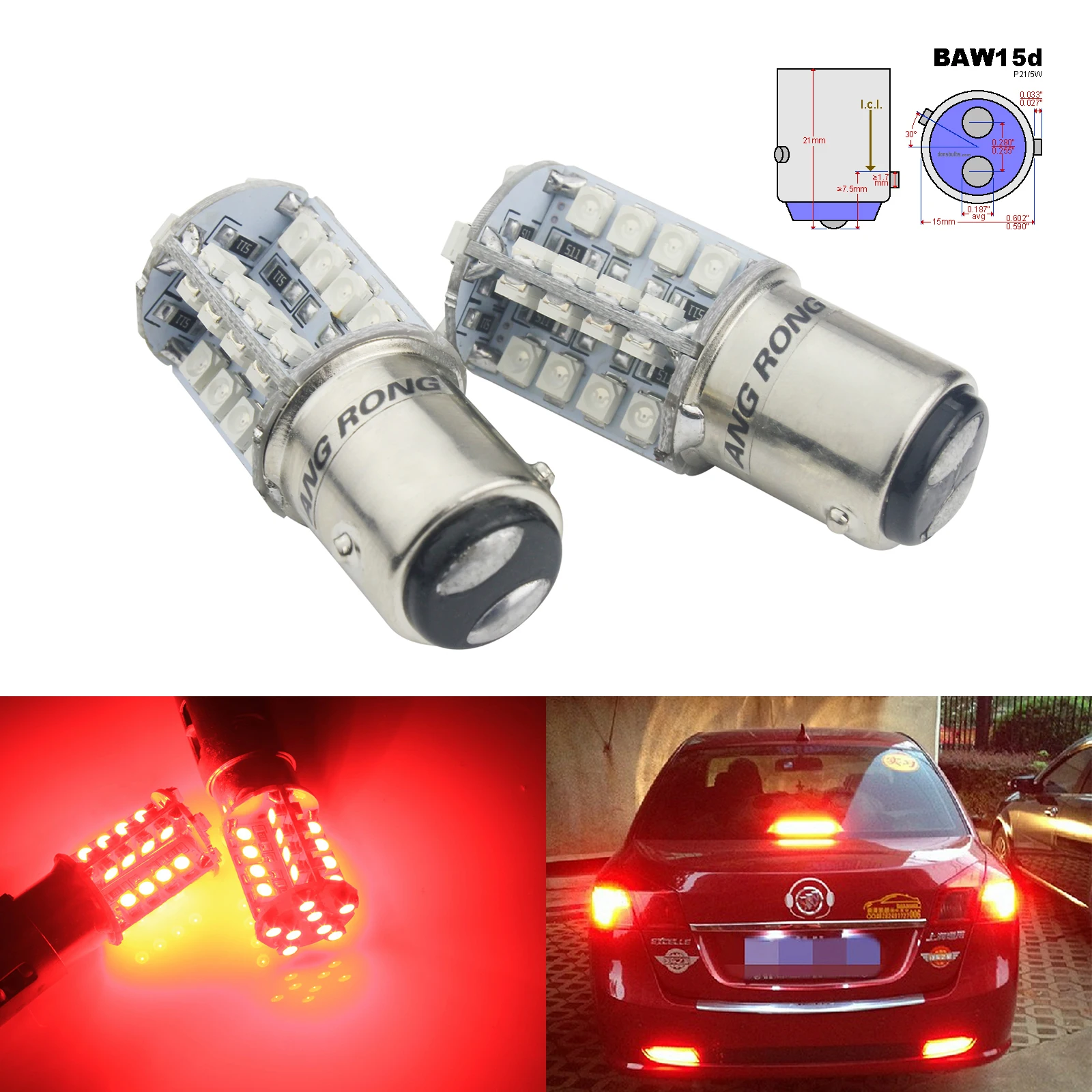 2pcs BAW15d 567 PR21/5W LED 40 SMD Bulb Tail Stop Brake Rear Fog Red Light Lamp