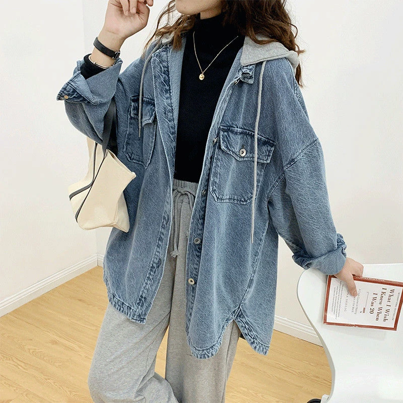 Loose Deconstruct Hooded Denim Jacket For Women Korean Style Spring Jean Coat Oversize Harajuku Blue Denim Outerwear Casual Top