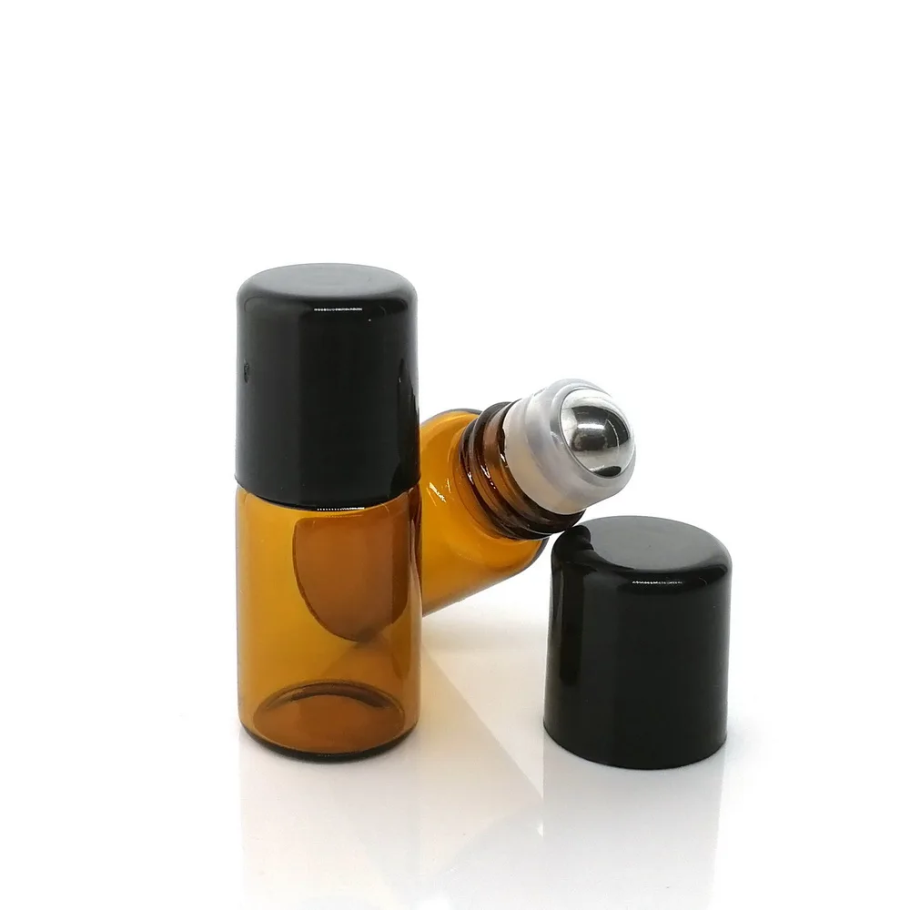 24pcs 1ml 2ml 3ml Amber Glass Roll On Bottles for Essential Oils doTERRA Empty Stainless Steel Roller Ball Bottle Lip Gloss