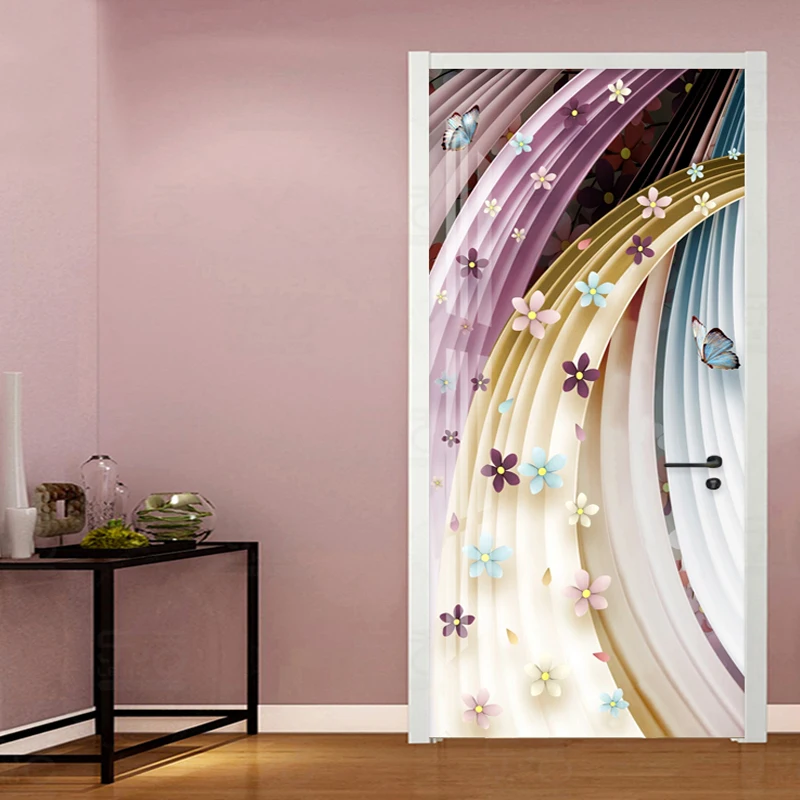 Color Geometry Door Sticker Modern 3D Abstract Flower Art Wallpaper Living Room Bedroom Home Decor PVC Waterproof 3D Door Murals