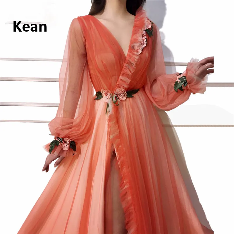 Orange Evening Dress V-Neck Lantern Sleeve Flowers Slit robe soiree Islamic Dubai Kaftan Saudi Arabic Prom Dress abendkleider