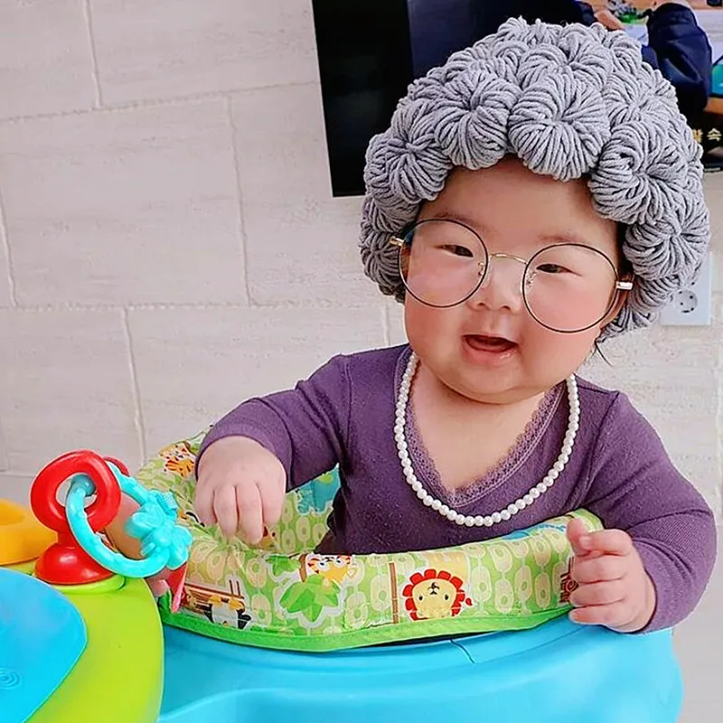 

Kids Hat for Girl Boy Cute Old Lady Woman Hair Wig Cap Beanies Woolen Yarn Knitted Children Baby Hat Cap Photography Props 6M-6Y