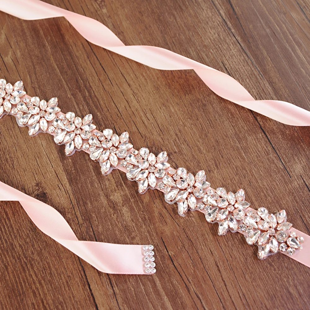 100% Handmade Rose Gold Crystal งานแต่งงานเข็มขัดเพชรเข็มขัดเจ้าสาว Sash Rose Gold Rhinestones เข็มขัด Sashes