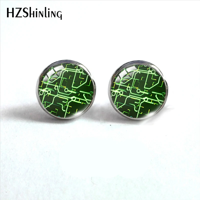 2020 New Computer Circuit Board Stud Earring Cute Earrings Hand made Glass Cabochon Art Photo Jewelry