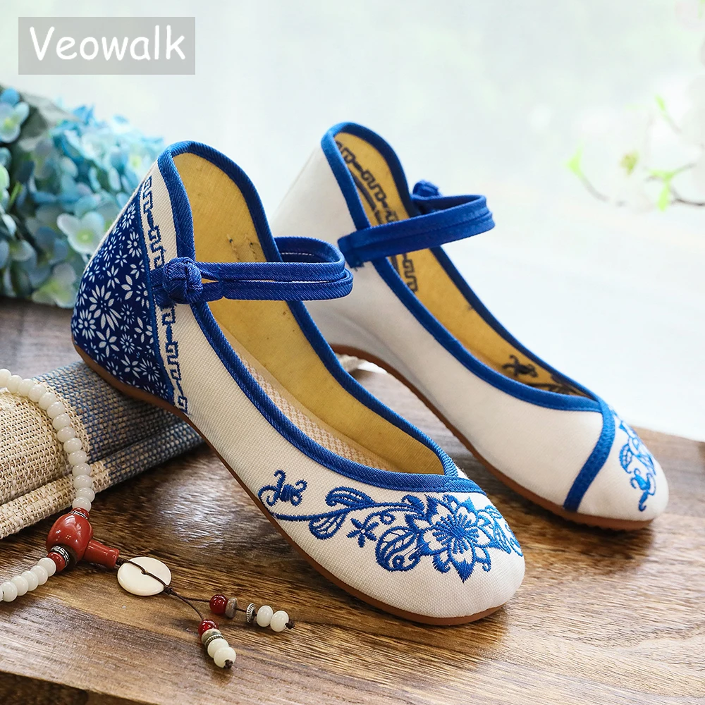 Veowalk Blue Flowers Embroidered Women\'s Canvas Ballet Flats Vintage Chinese Style Ladies Casual Ankle Strap Cotton Dance Shoes