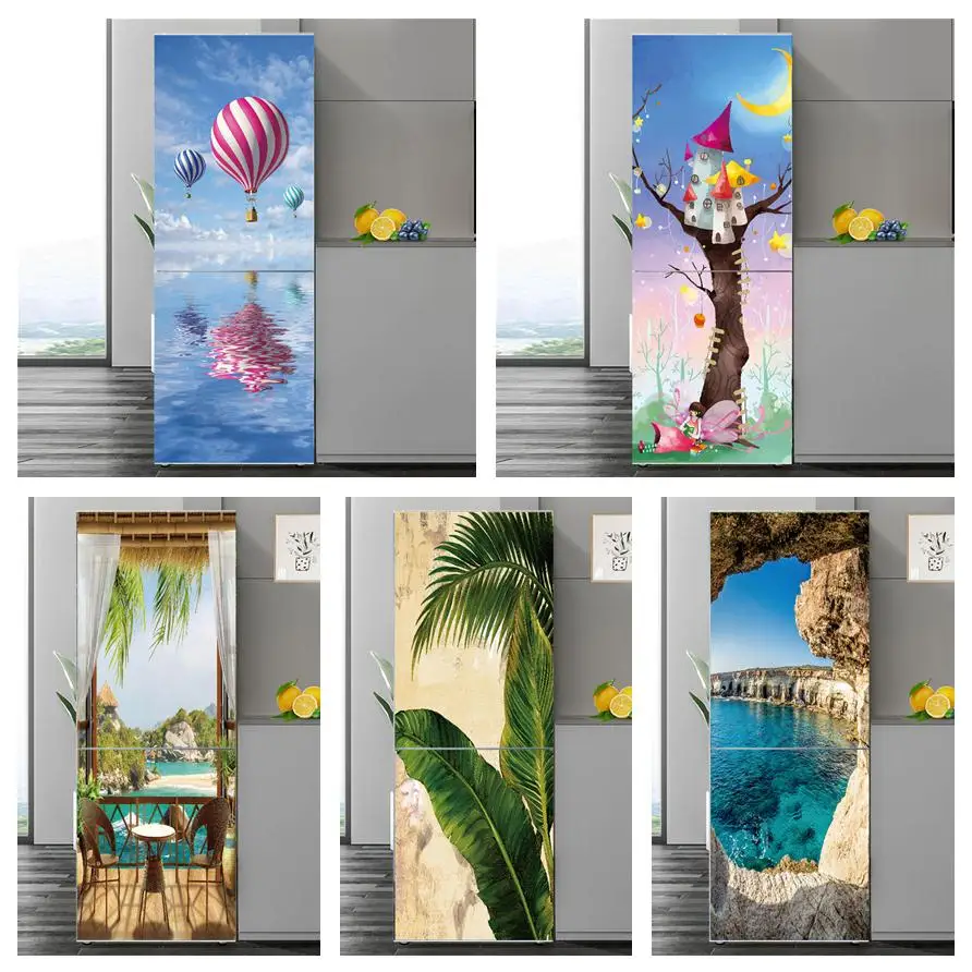 Custom Size/60x180cm Hot Air Balloon Refrigerator Sticker Waterproof Kitchen Fridge Door Decal Scenery 3D Adhesive Wall Stickers