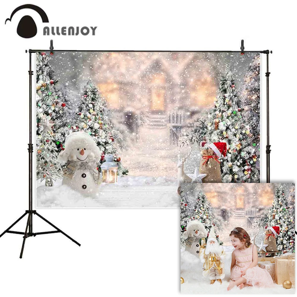 Allenjoy winter snowing photophone background Christmas tree snowman Snowflake castle bokeh photography backdrop photocall