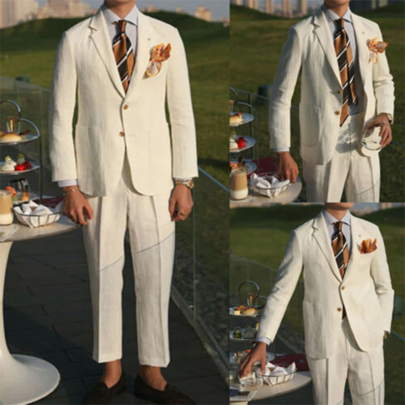 Smokings de marié de mariage pour hommes, olympiques d'affaires, olympiques de reine, robes de Rh, deux pièces en lin trempées, veste et pantalon, vêtements de meilleur homme