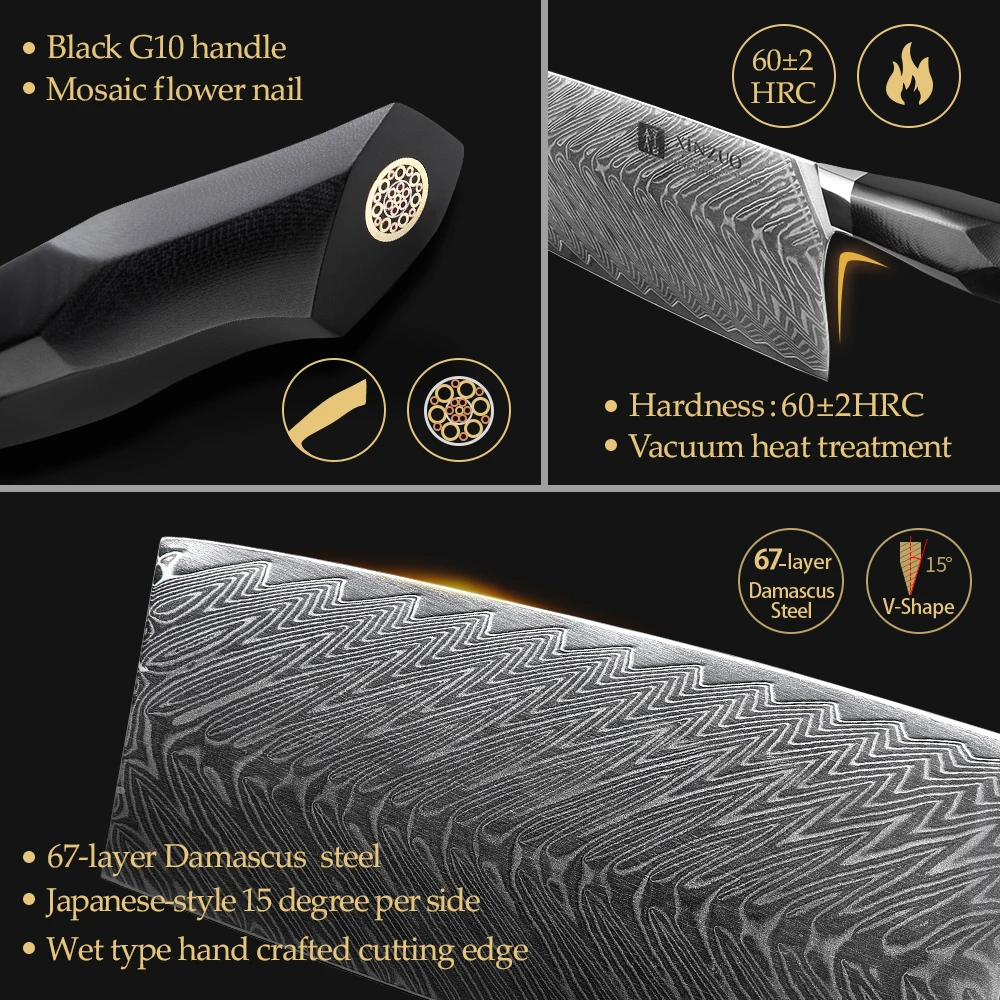 XINZUO 7.3 in Slicing Knife VG10 Damascus Steel Kitchen Knife Butcher\'s Knives High Quality Black G10 Mosaic Brass Rivet Handle