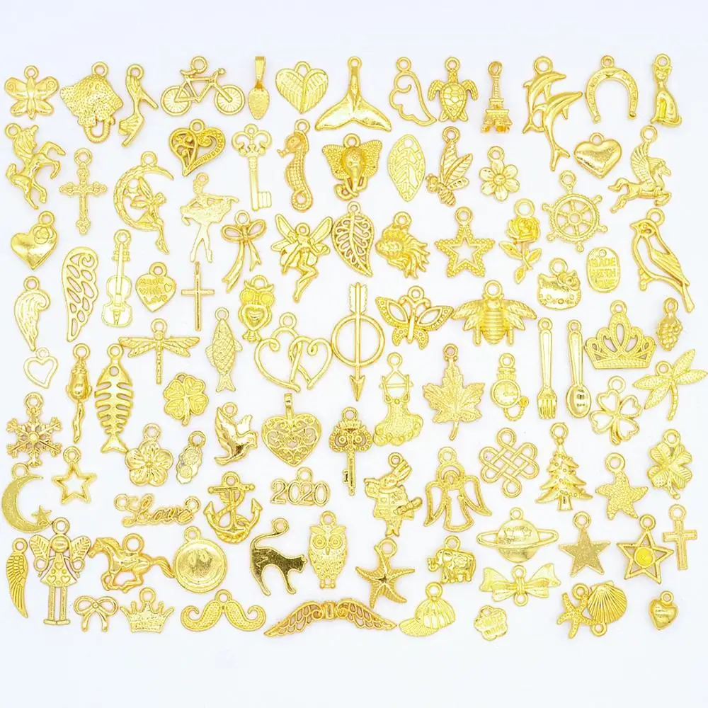 100pcs Mixed Styles Animal Heart Key Crown Charms