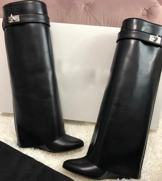 

Carpaton Shark Lock Women Boots Sexy Slip-on Knee High Boots For Woman Motorcycle Leather Riding Boots Height Increasing Shoes