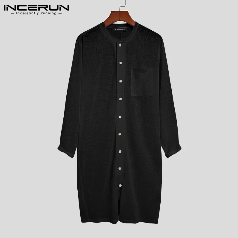 Men Pajamas Rompers Solid Color Homewear O Neck Long Sleeve Button Jumpsuits Cozy Breathable Men Thin Playsuit Nightwear INCERUN