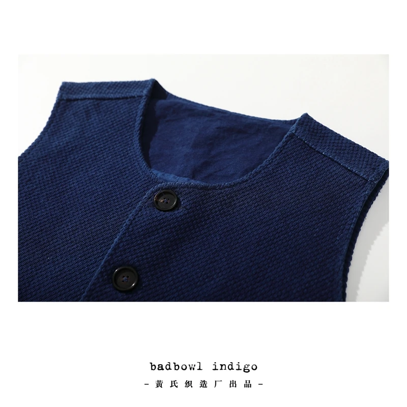 New Spring and Autumn Fashion Indigo Blue Men's Dyed Outer Vest Japanese Retro Sashiko Kendo Fabric Men's Vest with Multi-pocket