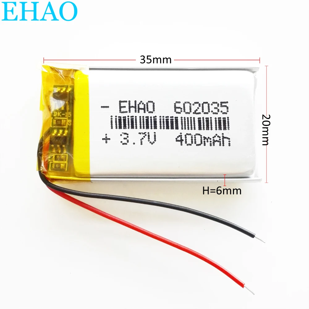 EHAO 602035 3.7V 400mAh Lithium Polymer LiPo Rechargeable Battery For Mp3 GPS bluetooth smart watch Bracelet Speaker Massager