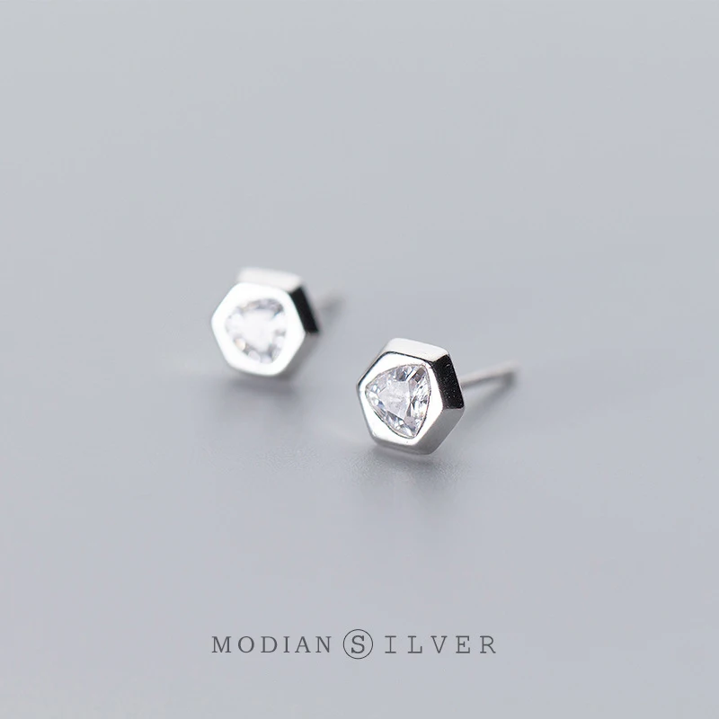 Modian Hexagon Shape Clear CZ Stud Earrings for Women 100% Real 925 Sterling Silver Minimalism Ear Anti-allergy Jewelry Gifts