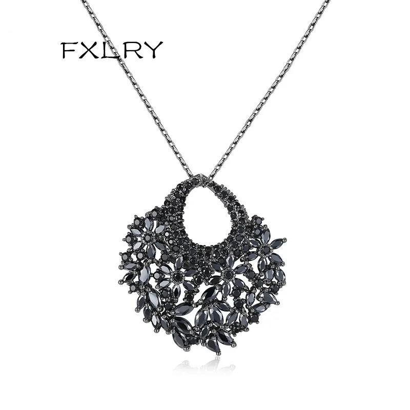 FXLRY New Design Personality Jewelry Black/White Color Cubic Zircon Fan Shape Pendants Neckalces For Women Girl Party Prom Anni