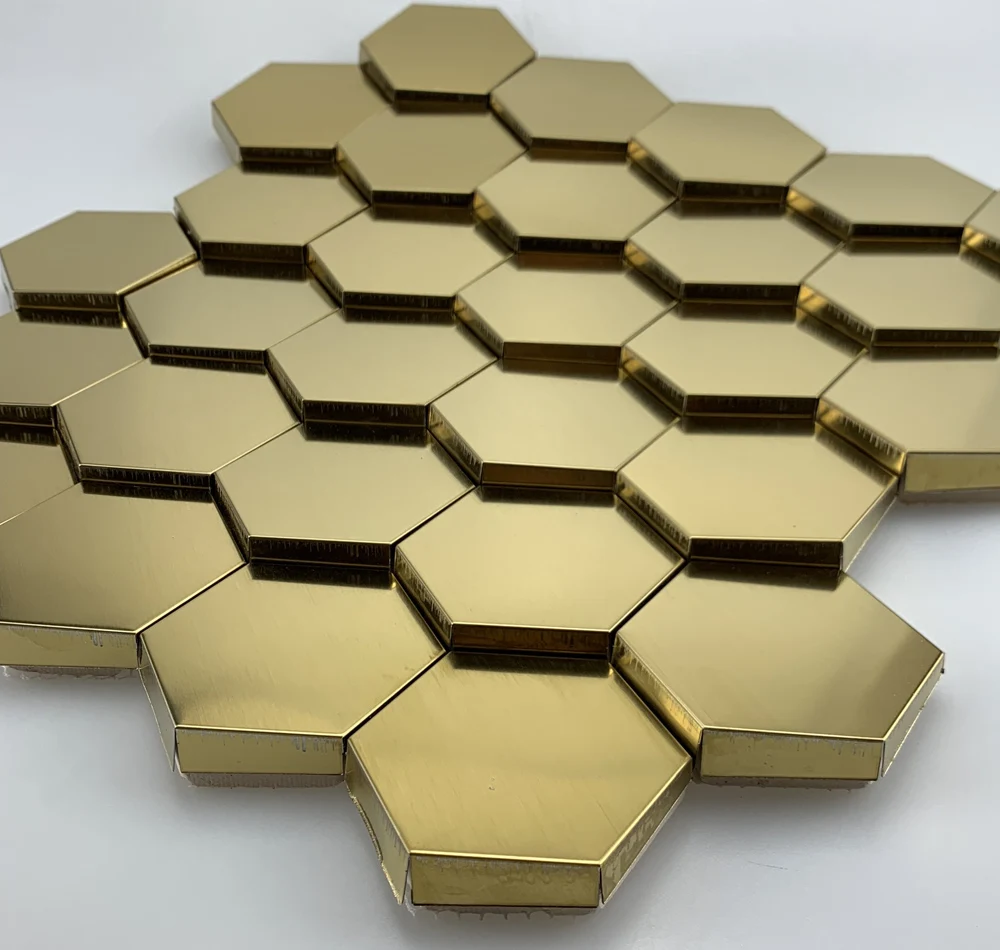 

50 PCS/Pack Hotsale Luxury Gold Stainless Steel Art 3D Hexagon Mosaic Tile Metal Wall Panels for Home Background Wall Decorative