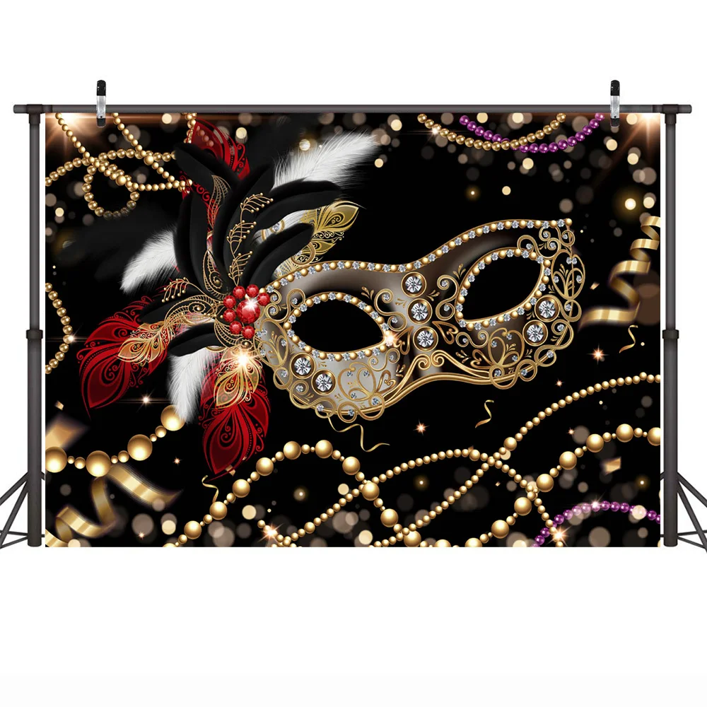 Mask Masquerade Party Backdrop Decorations Balloons Feather Glitter Bokeh Mask Photo Happy Birthday Cake Table Background Props