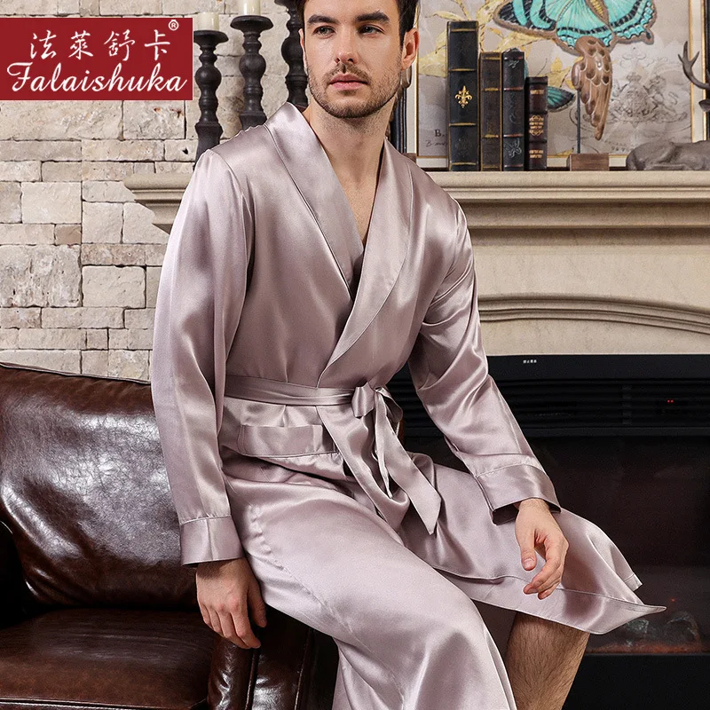 Pure Color Men's Natural Silk Sleeping Robes Long-Sleeve High Quality Real Silk Sleepwear Male Bathrobes S5625