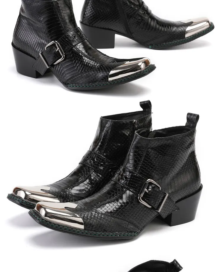 Men's Cowhide Serpentine Print Metal Decor Pointed Toe Belt High‑Heel Short Boots Western Cowboy Boots For Stage Show Party
