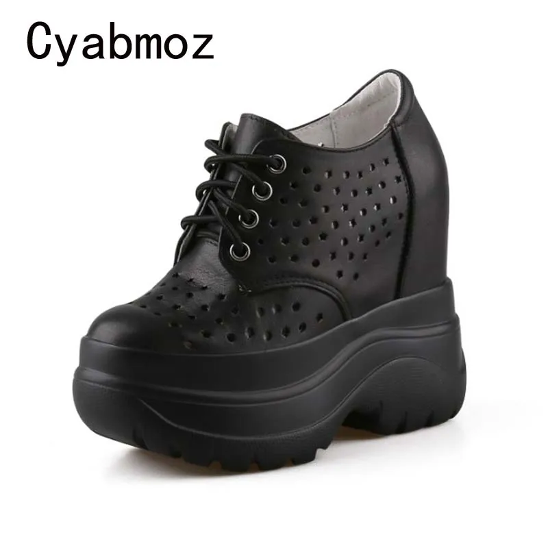 Women Thick Platform Comfortable Sneakers Height Increasing 11CM Hollow Breathable Casual Shoes Genuine Leather Ladies Shoe