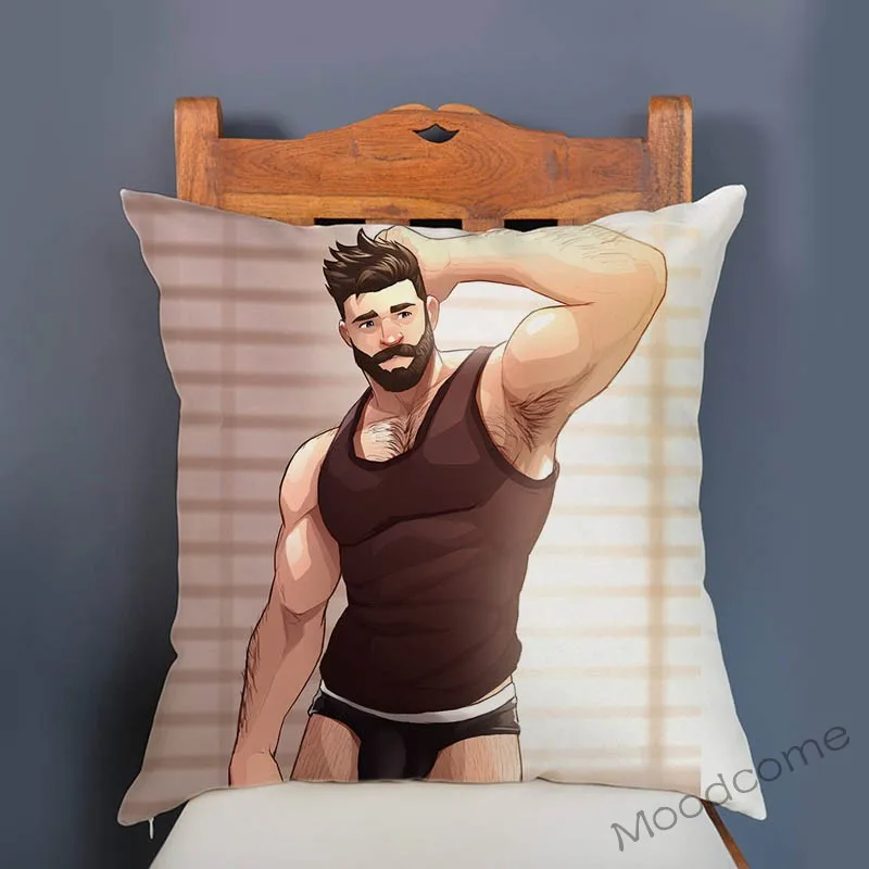 Cozy Sexy Boyfriend Cartoon Velvet Throw Pillow Cover Hairy Jock Muscle Man Love Gay Homosexual Art Sexy Boy Sofa Cushion Cover