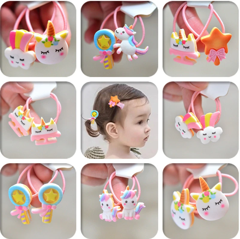 2PCS Cartoon Cute Rainbow White Horse Kids Elastic Hair Bands Princess Headwear Children Ropes Girls Accessories Baby Headdress