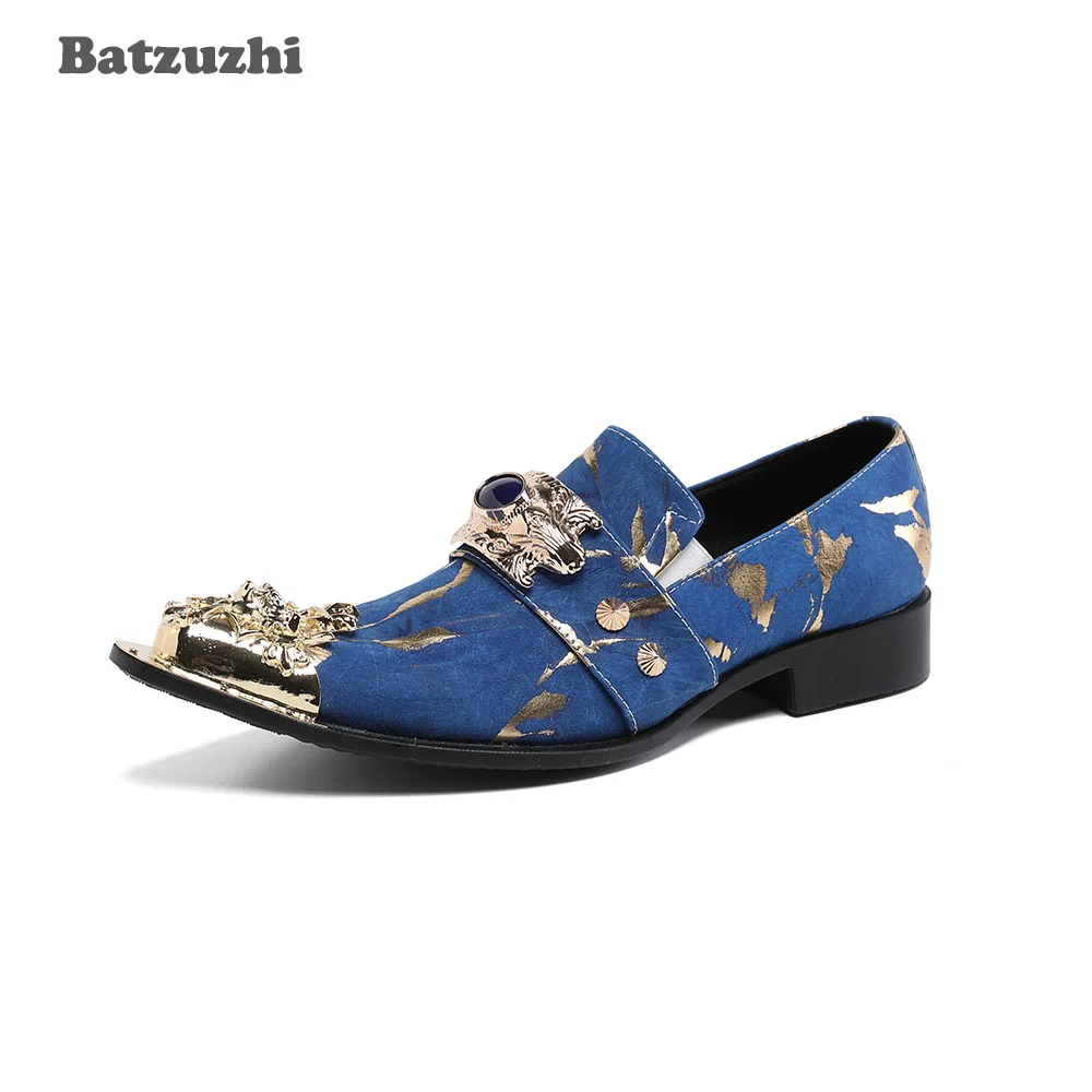 

Batzuzhi Fashion Men's Shoes Personality Blue Leather Dress Shoes Men Vintage Metal Toe Chaussure Homme Luxury Male Oxford Flat