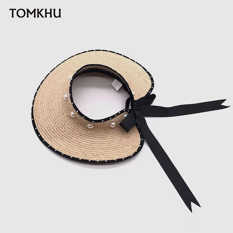 Quality Summer Women Ladies Sunscreen Bow Ribbon Sun Hats Pearl Handmade Raffia Straw Hat Wide Brim Empty Top Beach Cap Chapeau