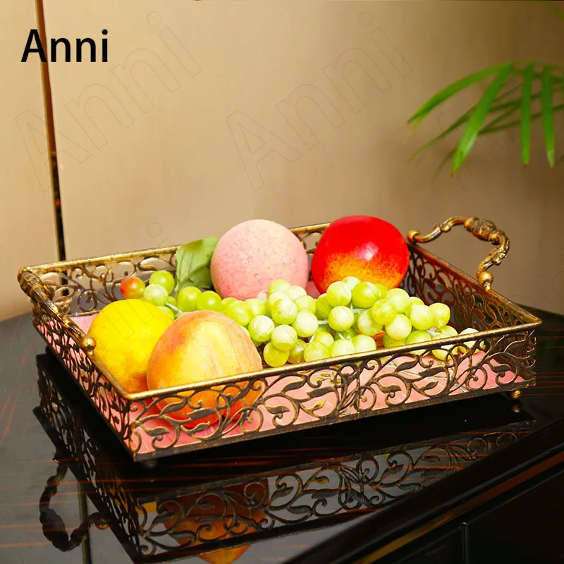 American Creativity Painted Trays Hollowation Iron Vintage Fruit Snacks Tray Hand Painted Flowers and Birds Decorative Plates