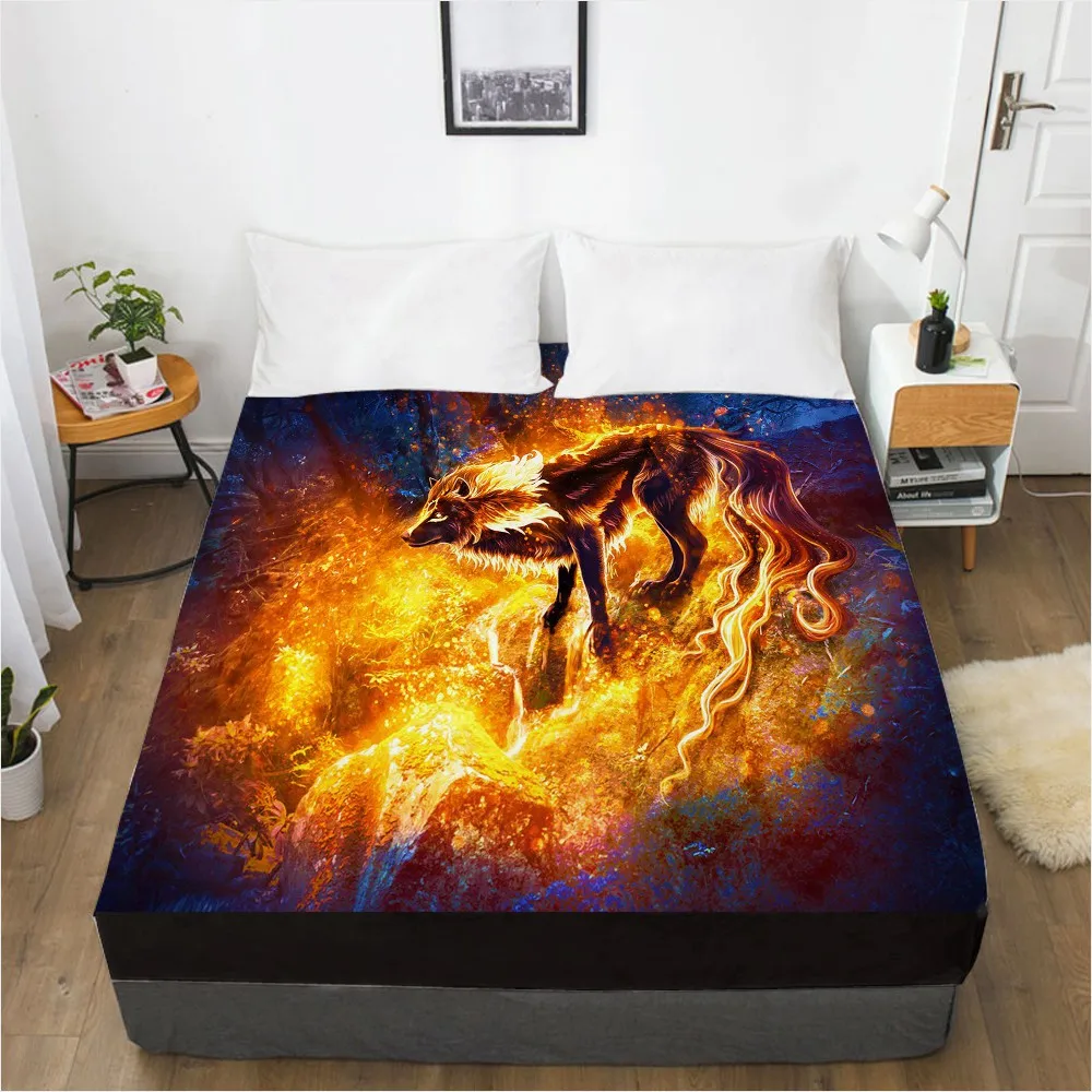 

3D Printed Fitted Sheet Custom Design Mattress Fitted Cover Bed Linens Sheets Bedsheet 198*203cm Fire Wolf Home Bedding