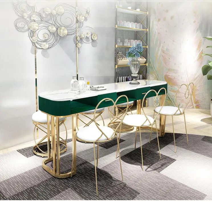 Net Red Marble Nail Table And Chair Set Single Double Gold Iron Double Manicure Table Simple Light Luxury