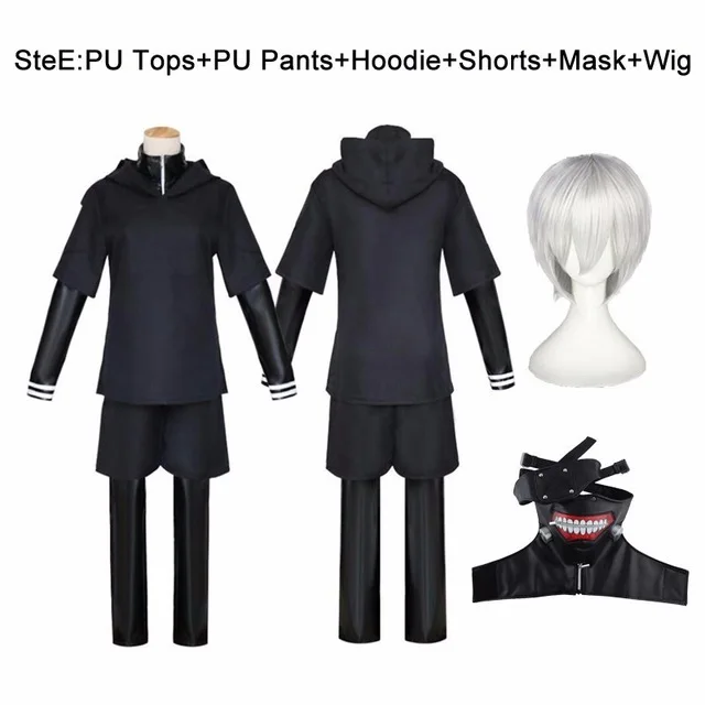 

JP Anime Tokyo Ghoul Ken Kaneki Cosplay Costume Full Set Black Leather Fight Uniform Women Men Halloween Costume With Mask Wig