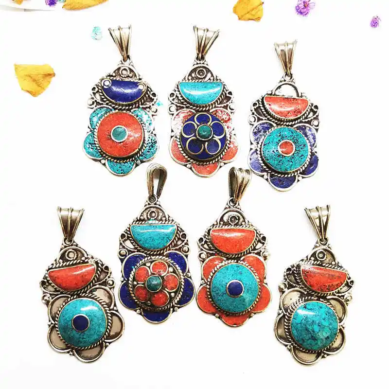 2022 New Handmade Vintage Flower Pendants Copper Inlaid Colorful Stone Tibetan Jewelry TBP608