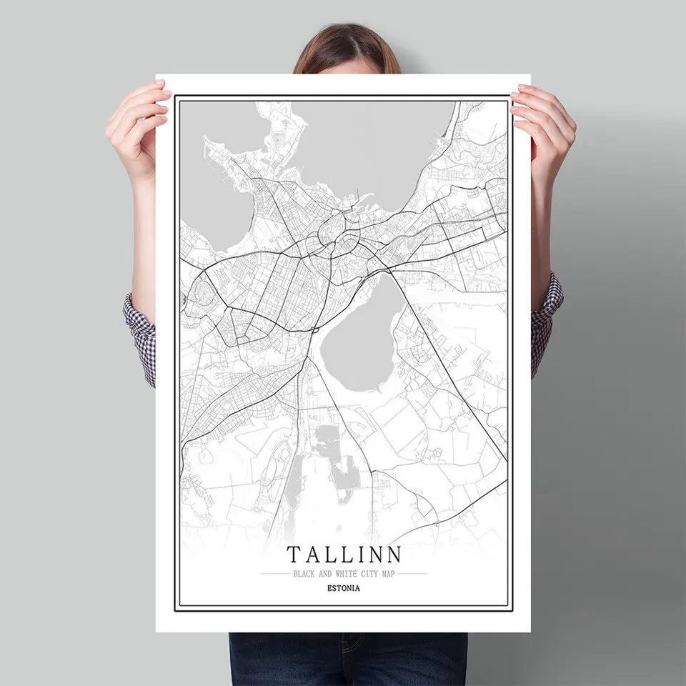 Black and White World City Map Estonia Tallinn Saku Tartu Viljandi Living Room Home Decor Wall Art Pictures Canvas Paintings