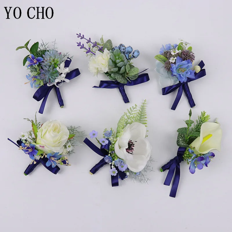 Yo cho padrinhos boutonniere branco azul seda rosa da dama de honra pulso corsage calla lírio pulseira festa de formatura casamento corsage flor