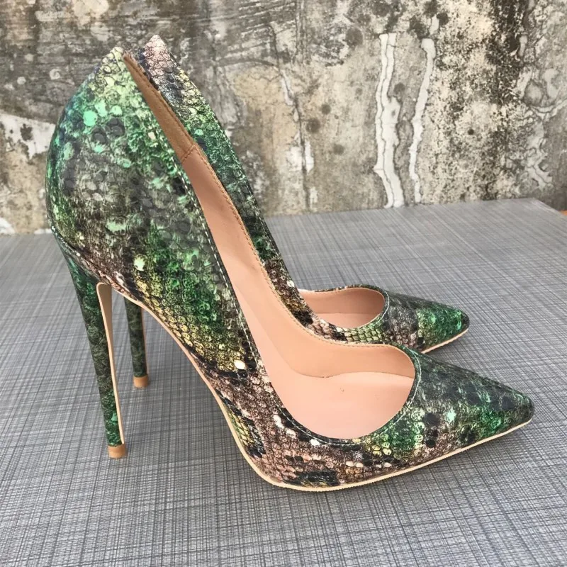 Veowalk Green Snake-effect Embossed Women Sexy Stilettos High Heels Ultra High Pointed Toe Pumps Ladies Slip On Party Shoes