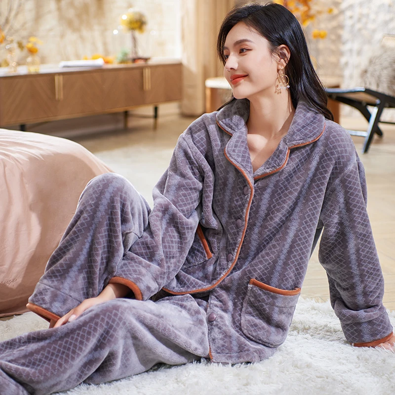 

Women flannel pyjamas home clothes big yards sleepwear set long sleeve pajamas for women pijama sets winter thick pijamas M-XXXL