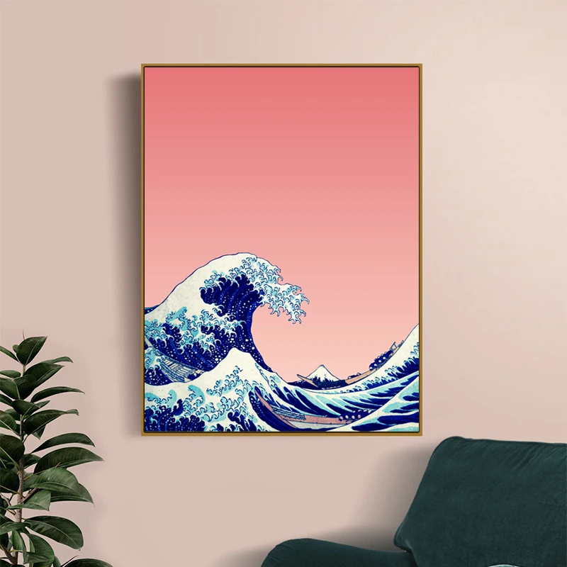 Great Wave of Kanagawa Ukiyoe Japanese Art Canvas Prints Pink Wave Vintage Poster Wall Picture Famous Painting Living Room Decor